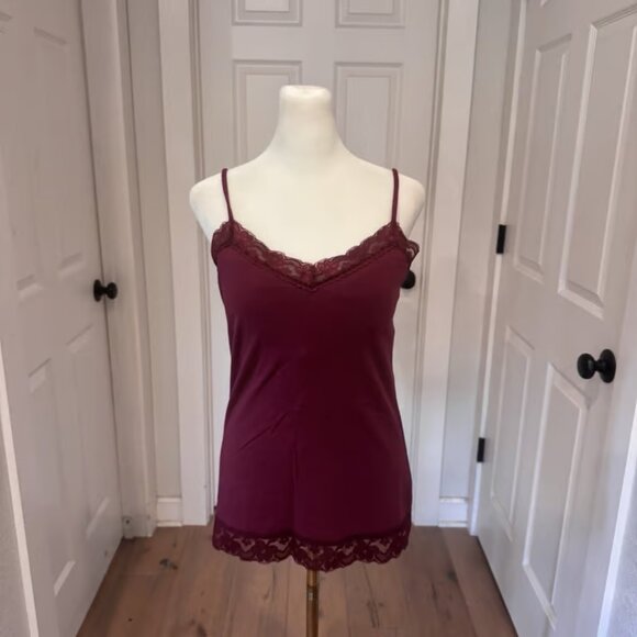 NoBo Cotton Stretch Camisole Tank Top Padded Shelf Bra Lace Trim Burgundy Sz XL - Picture 1 of 5